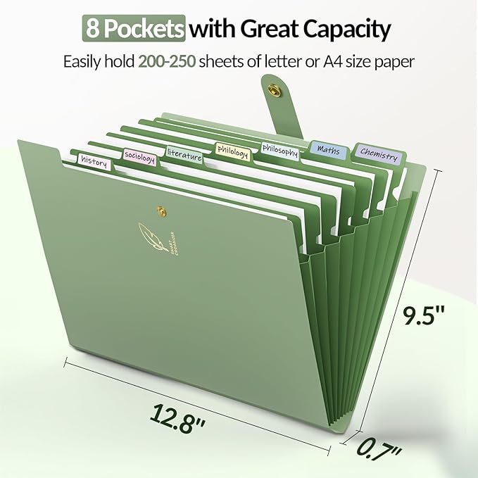 Sooez Aesthetic 8 Pocket Accordion File Organizer, Pastels Expanding File Folder for Important Document with Labels, Portable Receipt Bill Organizer for Office School Supplies, Letter Size Light Green