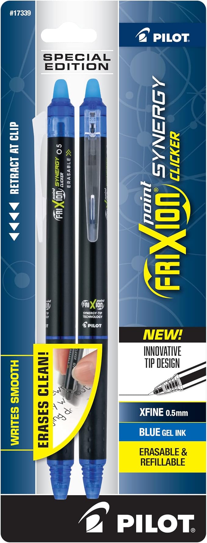 Pilot FriXion Synergy Clicker Erasable Retractable & Refillable Gel Pens, 0.5mm Extra-Fine Point, Black Barrel, Blue Ink, 2 Pens