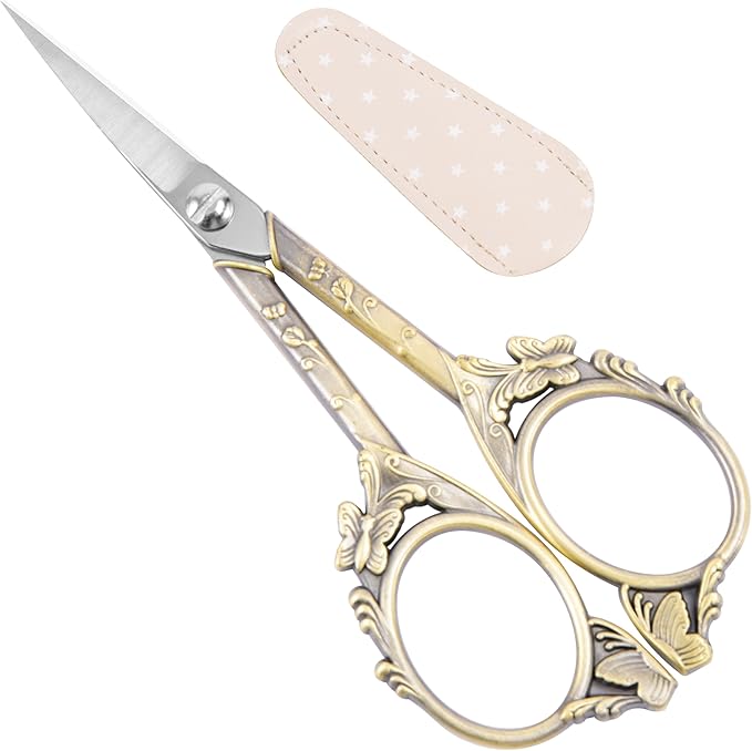 Artistic Vintage Craft Scissors Small 4.6 Inch Sharp Sewing & Embroidery Tool - Engraved Bronze Butterfly Handle, Silver Blade, Pink Polka Dot Case for Crochet, Fabric, Paper, DIY Crafts