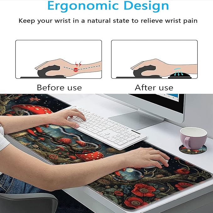 Keyboard Mouse Pad Set,Large Mouse Pad+Keyboard Wrist Rest+Wrist Support+Coaster,31.5x11.8in Extended Desk Mat for Computer Laptop Office Home-Mushroom Forest