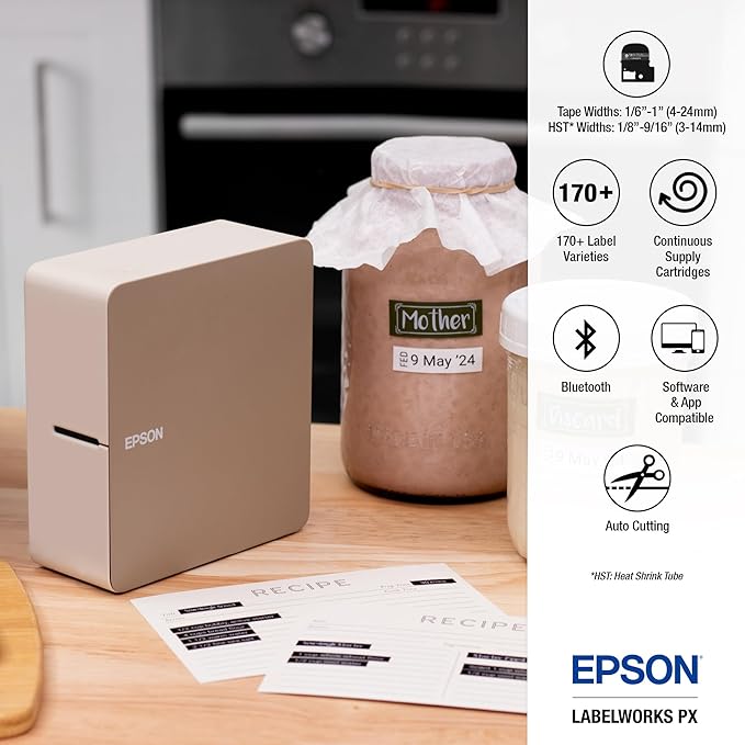 LABELWORKS Epson LW-C610PX Premium Portable Bluetooth Label Machine Printer – Create Sticker Labels for Organization, Small Business, Designer Tape Supported, App Compatible