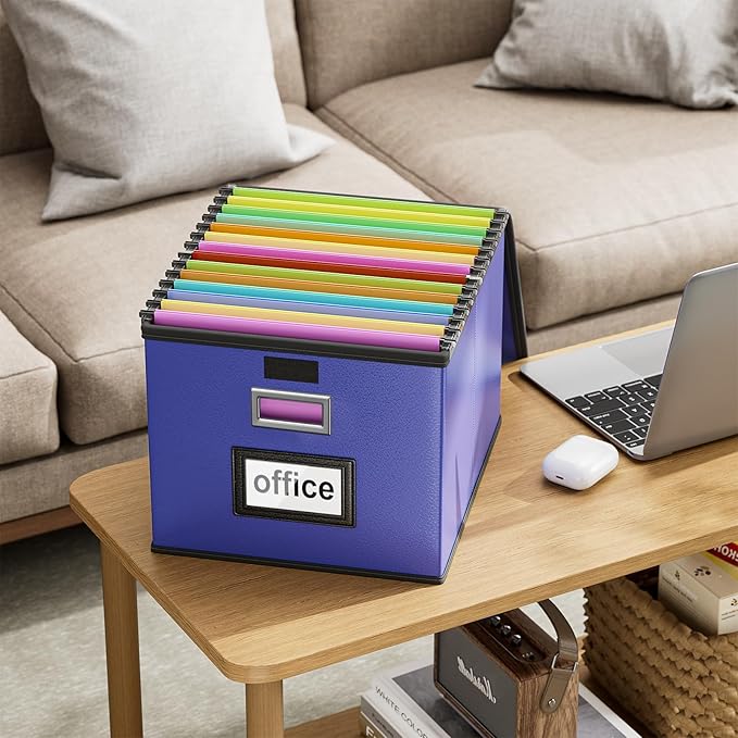 Huolewa Portable Leather File Organizer Boxes with Lids, Collapsible File Folder Organizer Boxes, Decorative Small Filing File Cabinet for Home/Office, Easily Store Documents/Hanging File Folders