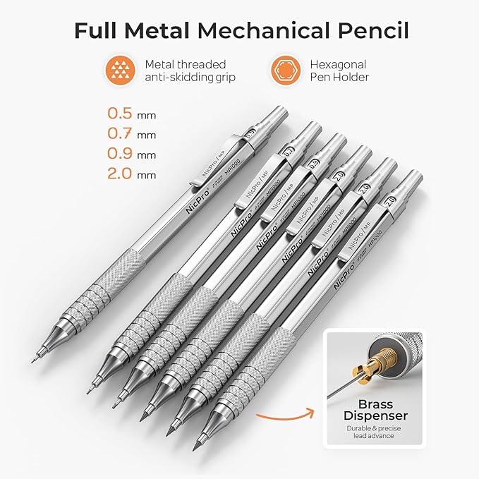Nicpro 30PCS Silver Metal Mechanical Pencils Set in Leather Case, Art Drafting Pencil 0.5, 0.7, 0.9 mm, 2mm Lead Pencil Holder for Sketching Drawing With 16 Tube (6B 4B 2B HB 2H 4H Colors)Lead Refill