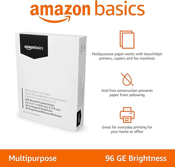 Amazon Basics Multipurpose Copy Printer Paper, 8.5 x 11 Inches , 20 lb, 1 Ream, (500 Sheets), 96 Bright, White