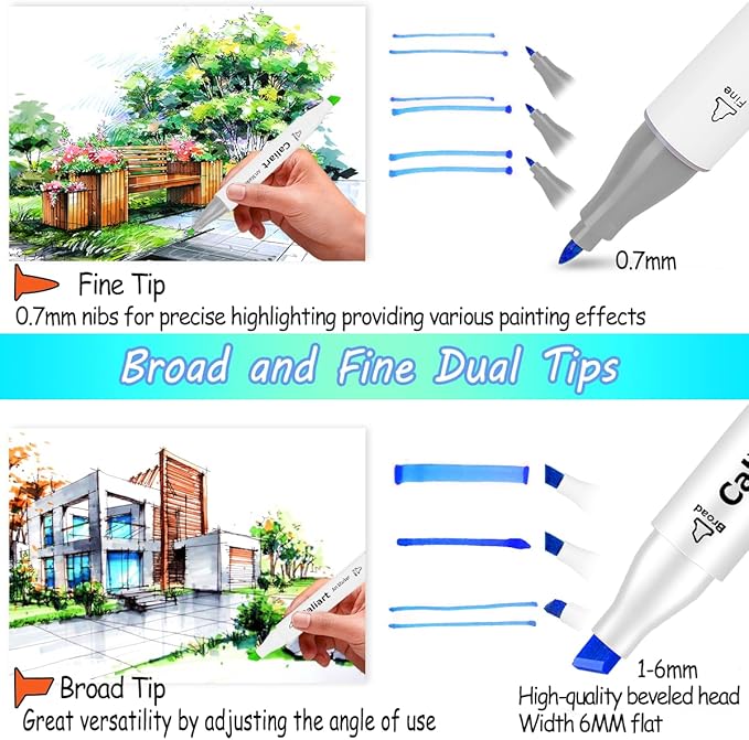 Caliart Alcohol Based Markers, 52 Colors Dual Tip Art Marker Set Fine & Chisel, Permanent Colored Pens for Adults Coloring Book Artists Illustration Sketch Lettering Drawing Cards Planner