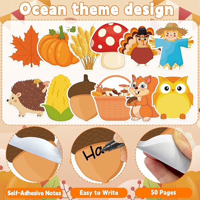 600 Thanksgiving Fall Sticky Notes, Cute Pumpkin Squirrel Turkey Sticky Notes Autumn Sticky Notepad Self Sticky Memo Pads for Fall Thanksgiving Harvest Party Favors Home Office School Supplies