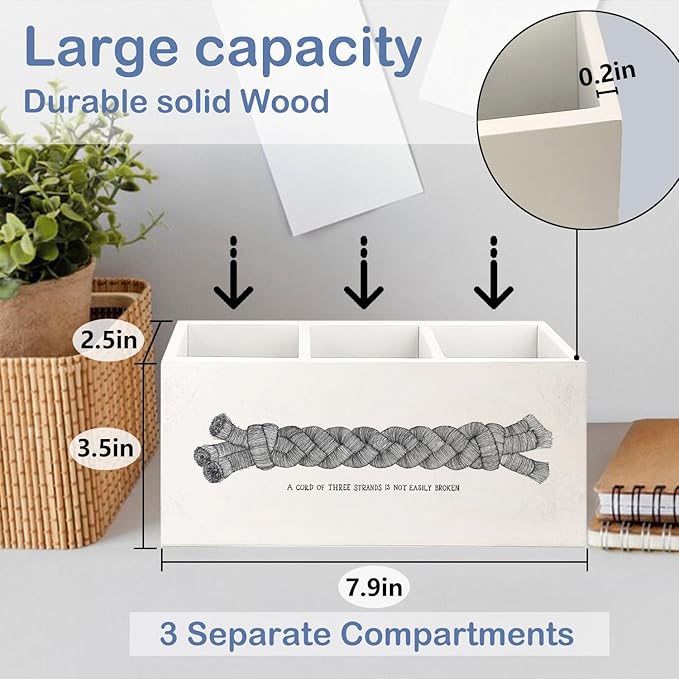 SNNDER Inspirational Christian Bible Verse Pen Holder for Desk, a Cord of Three Strands is Not Easily Broken Scripture Wooden Pen Pencil Holder Organizer for Home Office Desk Accessories