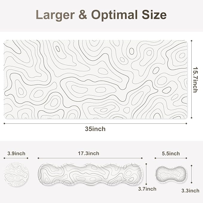 Gaming Mouse Pad Keyboard Wrist Support, 4 in1 Mousepad with Wrist Keyboard Rest, Computer Desk Mat, Non-Slip Desk Pad Protector with Memory Foam Easy Typing Pain Relief I White Topographic