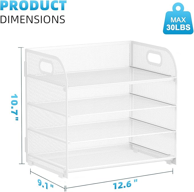 Marbrasse 4 Tier Paper Organizer Letter Tray, Mesh Desk File Organizer with Handle, Paper Sorter Organizer for Letter /A4 Office File Folder Holder（White, 12.6" x 9.1" x 10.7"）