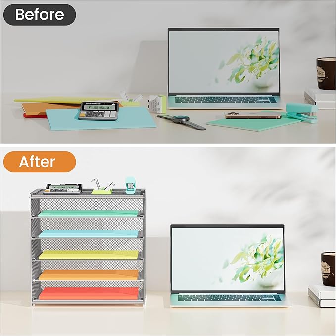 6 Tier Paper Organizer, Metal Mesh Desk File Folder, Letter Tray Organizer, Paper Sorter Desk Organizers for Office, Home or School File Folder Holder - Silver