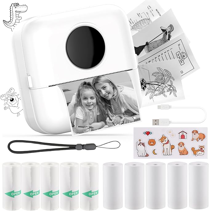 HuiJuKeJi Mini Sticker Printer Bluetooth Smart Pocket Inkless Thermal Printer with 11 Rolls Thermal Paper and Sticker for iOS&Android, Portable Receipt Printer for Photo Journal Notes Memo