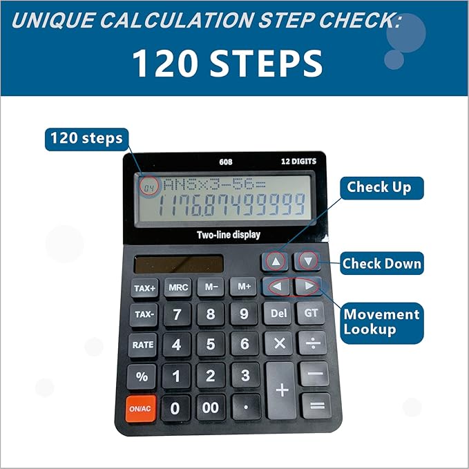 Battery and Solar Unique 120-Step Calculation Check Memory 12 Digit 2 Line Extra Large Calculator Big Buttons and 5.5" LCD Display, Configurable Tax Rate Financial Calculator for Tax Calculations