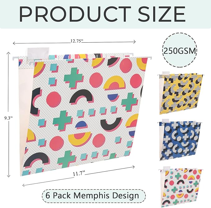 6 Pack Hanging File Folder Letter Size Reinforced Hanging Folders with 1/5-Cut Adjustable Tabs File Folders for Filing Cabinet Organizer for Office Home, Memphis Design