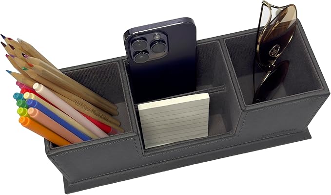UnionBasic Desk Organizer, Desktop Caddy Leather Multi-compartment Pen Holder Office Stationer Organizer, Gray