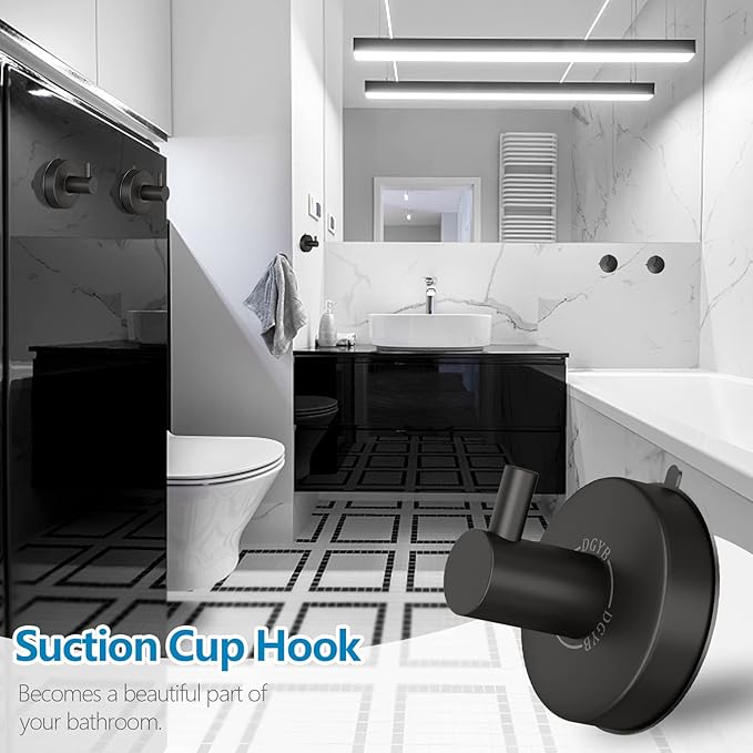 DGYB Black Suction Cup Hooks for Shower Set of 4 Bathroom Towel Hooks for Wall SUS 304 Stainless Steel Vacuum Hooks for Loofah 15 LB Glass Shower Door Hook