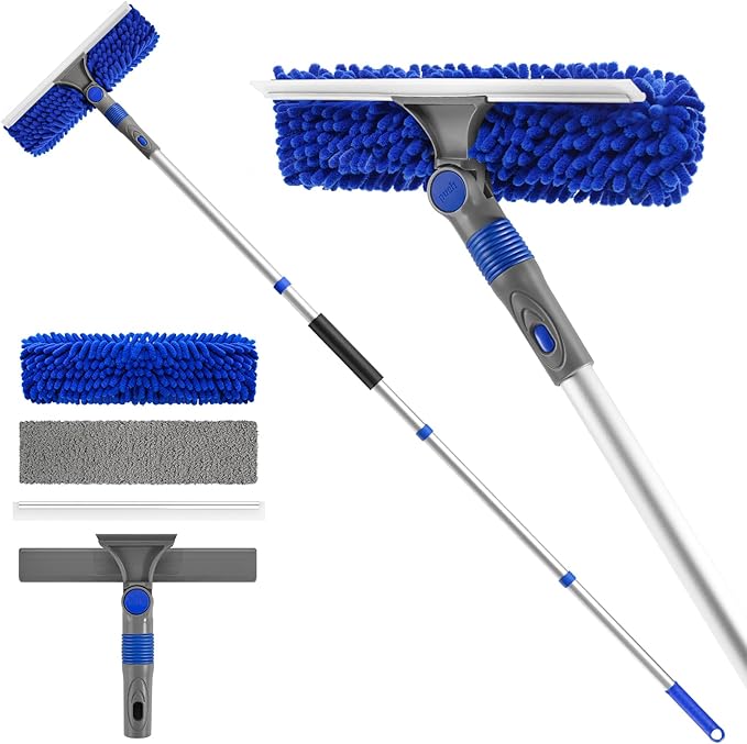 Ordenado 62" Window Squeegee Cleaning Kit, 2 in 1 Window Cleaner Tool with Long Handle, Rotatable High Windows Washing Kit for Home & Outdoor, Detachable Washer Tool Squeegee for Shower Glass, Car