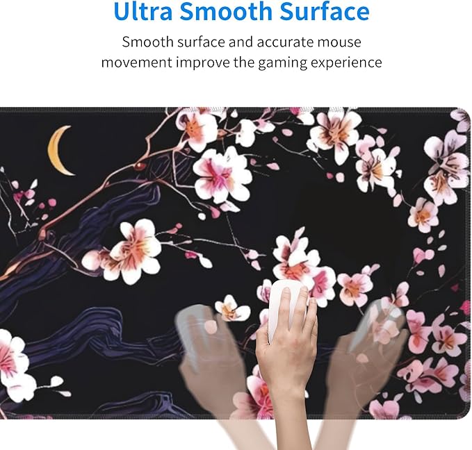 Plum Blossom and Moon Large Mouse Pad, Japanese Flowers Gaming Desk Mat, XL Keyboard Desk Pad Mat for Desktop, 31.5"x11.8" Non-Slip Base Big Mousepad with Stitched Edges