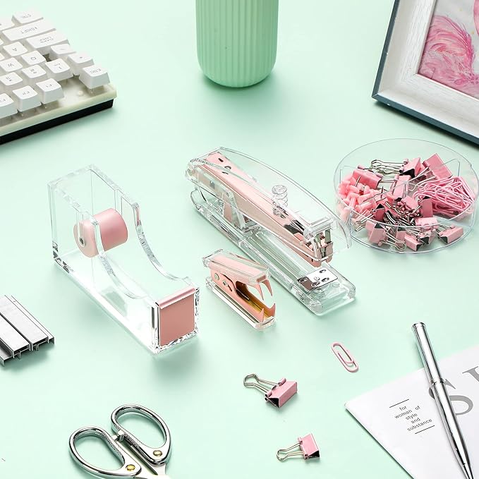 Office Supplies Set Desk Accessory Kit, Acrylic Stapler Set Staple Remover, Tape Dispenser, Binder Clips, Paper Clips, Ballpoint Pen and Scissor with 1000 Pieces 26/6 Staples (Pink)