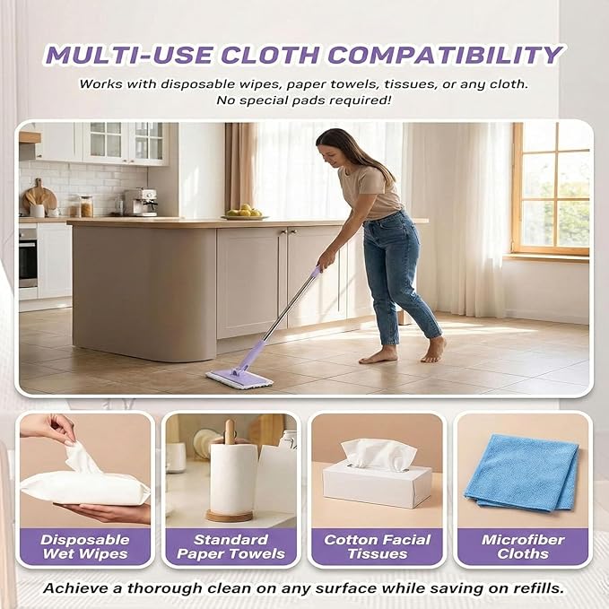 Snap Grip Mini Mop,Convenient Cloth Changing Mini Mop,Retractable Gap Dust Cleaner Flat Mops with Locking Head &Sweeping Cloths,（1mop + 5random Color Rags (White)