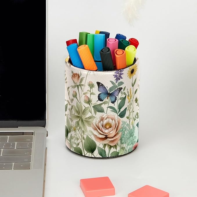 Leather Pen Holder for Desk Floral Pretty Butterflies Pencil Cup Desktop Organizer Makeup Brush Holders Office Supplies for Home, Kids & School