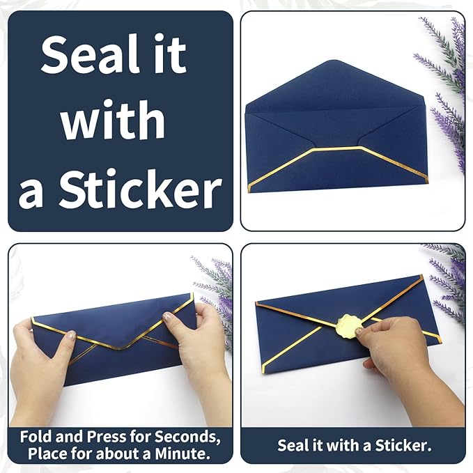 Business Envelopes with V-Flap,Gold Border 30 Pack #10 Envelopes Made of 150gsm Paper, Standard Envelopes with Gold Stickers for Office, Checks, Letter Mailing,9.45 * 4.13 Inches(Navy Blue)