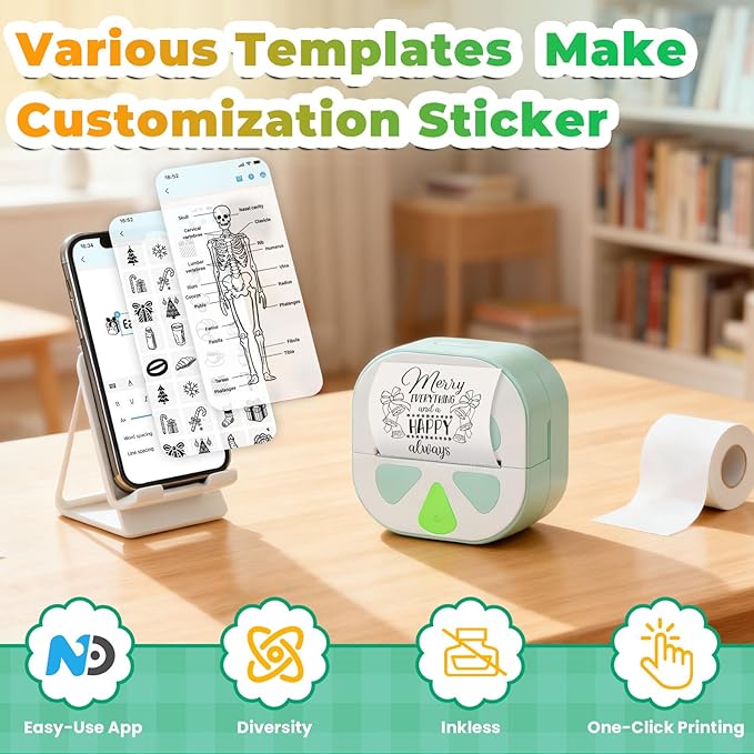 Sticker Printer Mini Print Pod, Bluetooth Thermal Sticker Maker Machine with 3 Roll Paper, D20 Portable Inkless Pocket impresora portátil Picture Label Printer for Phone DIYJournal Kids Gift