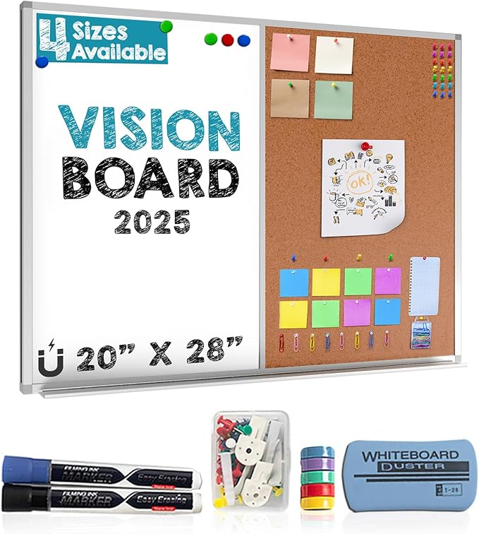 Vision Board 2025: Dry Erase Cork Board Combo Set - 20" x 28" Magnetic White Board and Cork Bulletin Combination Board, Use as Message Board, Memo Board - w/Markers, Eraser, Magnets, Push Pins