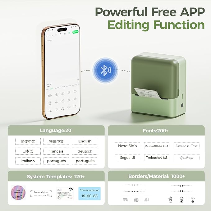 Joysea D2 Label Maker Machine with Tape, Thermal Label Printer with Multiple Templates for Office Organization, Home, Small Business, Includes 1 Roll 2" x 1.18" Adhesive Labels, Green