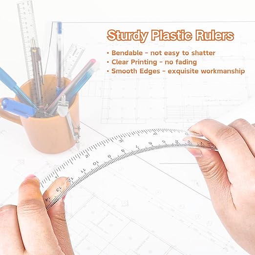 Plastic Rulers, 6 Inch Ruler, 12 Inch Ruler, Clear Ruler with Centimeters and Inches, Straight Plastic Ruler Set for Students School and Office