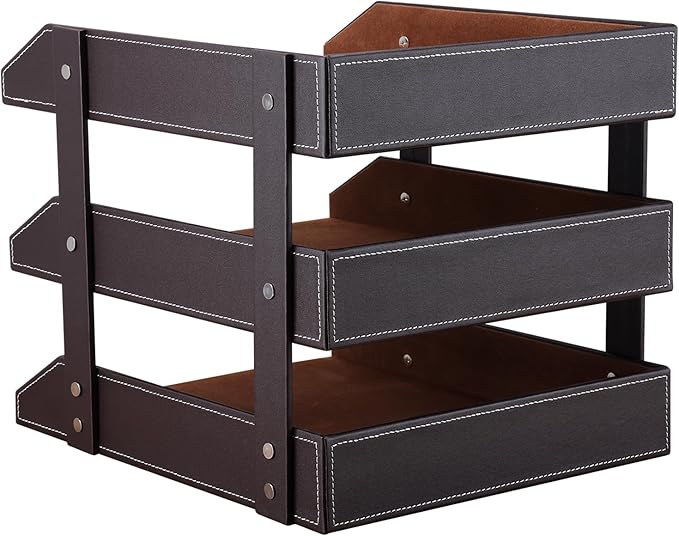 KINGFOM Letter Tray, Leather Paper Organizer Tray, Wooden Desk File Holder, Desktop File, Stackable Magazine Holder, Mail Sorter, Great for Home or Office - 3 Level Brown