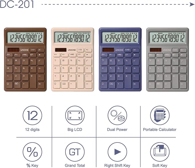 UNIONE Desktop Beige Calculator with a Bright LCD, Dual Power Handheld Desktop. Color. Business, Office, High School, 4×6 inch