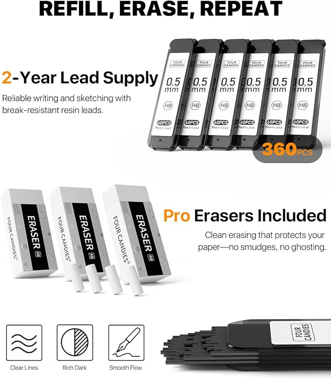 Four Candies Metal Mechanical Pencil Set - 6PCS 0.5mm Art Mechanical Pencils & 360PCS HB Lead Refills & 3PCS Erasers & 9PCS Eraser Refills, Drawing Mechanical Pencils for Writing, Sketching-With Case