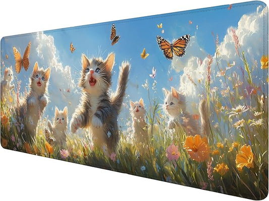 Cute Cats Desk Pad Mouse Pad Watercolor Flowers Butterflies Mouse Pad Large Mousepad Extended Laptop Keyboard Mat Gaming Desk Pad Mouse Mat Office Computer Keyboard Laptop Home 31.5"x11.8"