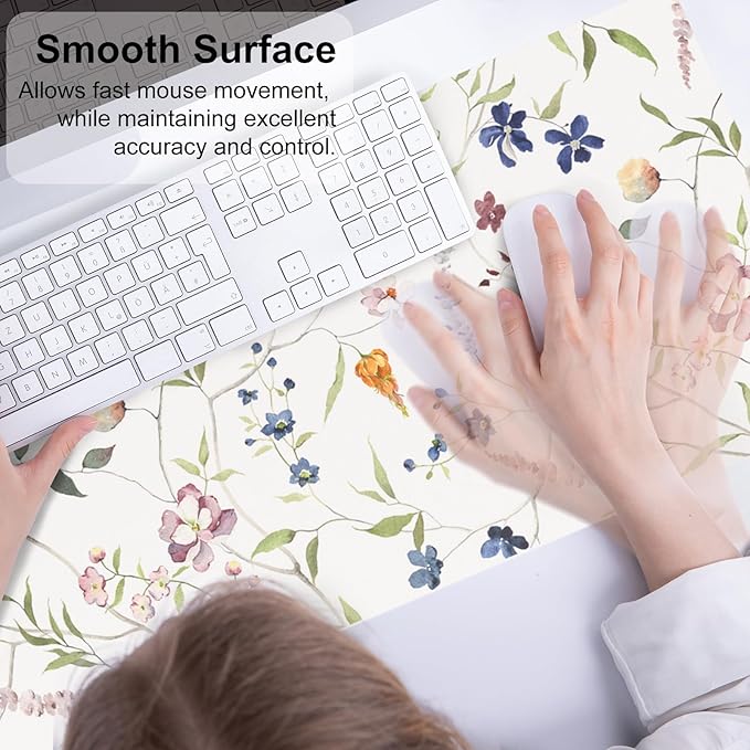 QIYI Floral Mouse Pad, Large Desk Mat for Desktop, Women Girls Watercolor Flowers Office Décor Desk Accessories, PU Leather Waterproof Gaming Mousepad, Wildflowers Desk Pad Computer Mat, 31.5" x 11.8"