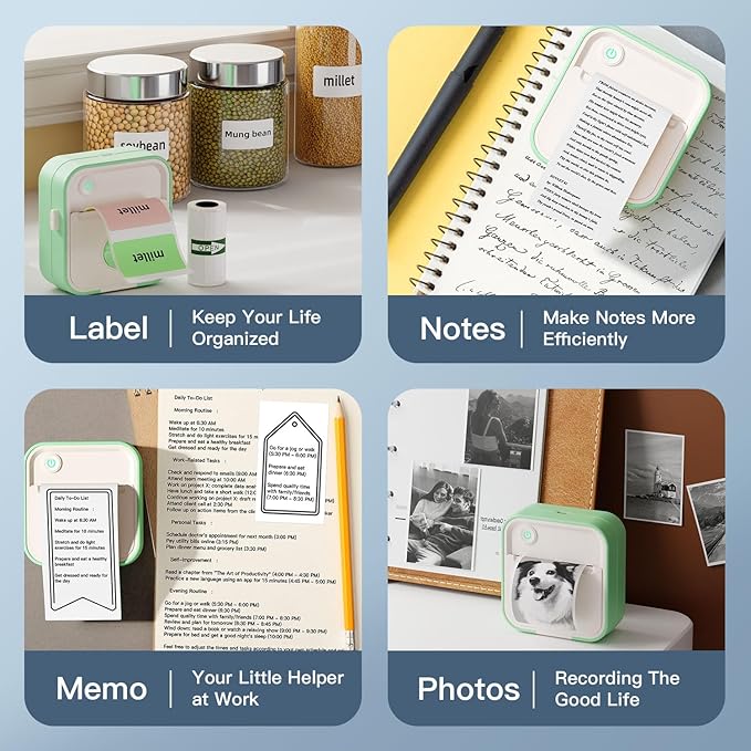 Label Maker Machine, HD Mini Sticker Printer with 7 Rolls Paper, Portable Thermal Print Pod Supports 12-57mm Papers,Bluetooth Pocket Printer for Home,Kitchen,School (Green)