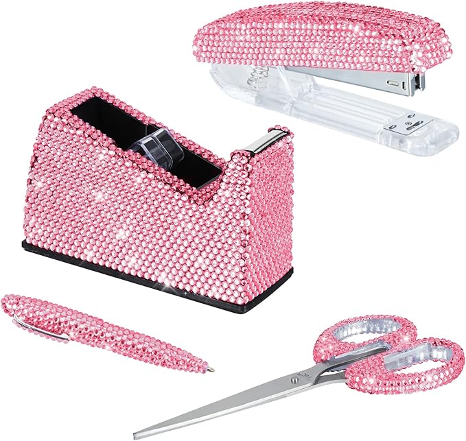 Office Stationery Set,Desk Accessory Kit, Home Office Necessary- Stapler & Desktop Tape Dispenser & Ballpoint Pens & Scissor 4 Piece Office Desk Accessories Kits(Pink)
