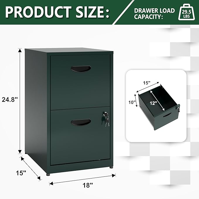 2 Drawer File Cabinet with Lock, Office File Cabinet with Drawers for Under Desk, Small Filling Cabinet for Home Office, Green, Assembly Required