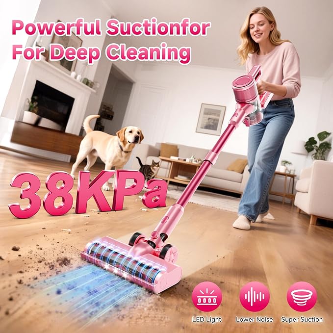 Vaconly Cordless Vacuum Cleaner, 8 in 1 40Kpa 55Mins,Lightweight Vacuum Cleaners for Home, Stick Vacuum with Anti-Tangle Brush,Wall Mount, Rechargeable Cordless Vacuum for Floor/Sofa/Pet Hair,Pink