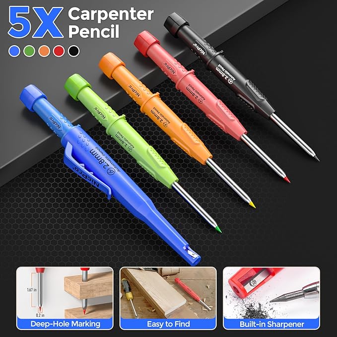 Nicpro 5 Pack CP3000 Carpenter Pencils with Sharpener, Mechanical Pencil Set with 59 Refills, Heavy Duty Working Tools, Construction Pencil for Architect Marking (Red, Black, Orange, Green, Blue)