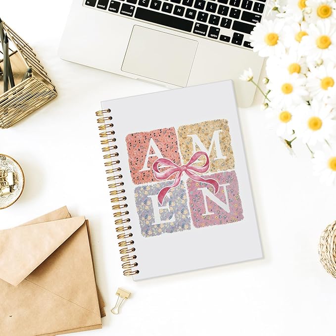 Coquette Pink Bow Amen Christian Spiral Notebook, Notebook for Bible Notes, Church Notes Notebook Journal, Christian Floral Hardcover Notebooks 5.5x8.3