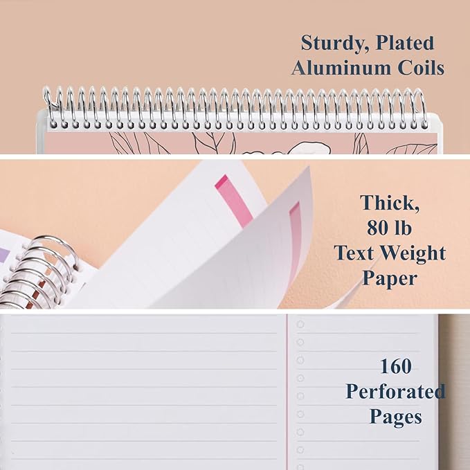 Erin Condren 7" X 9" Spiral Bound Productivity Notebook, Flora Peony, Functional 160 Lined Page and 80Lb Thick Paper Spiral Notebook, Stickers Included