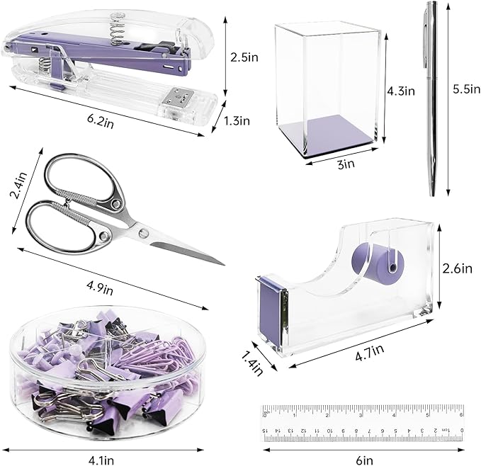 DRQ Purple Desk Organizers and Accessories Office Supplies, 10Pcs Set for Office with Stapler, Tape Dispenser, Pens, Pen Holder, Phone Holder, Tape, Ruler, 1 Box Staple, Scissors and 1 Box of Clip