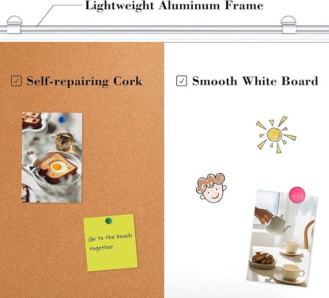 WALGLASS Combination Magnetic Whiteboard & Corkboard, 24"x18" Combo for School, Office & Home, Dry Erase Board with Removable Tray, Pins, Eraser, Markers & Magnets