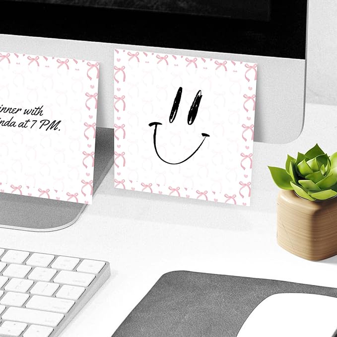 Sticky Notes, 2 Pads, 3x3 inches, Cute Colorful Fun Self-Stick Note Pads, Easy Post, Strong Adhesive Notepad Pink Ribbon Bows