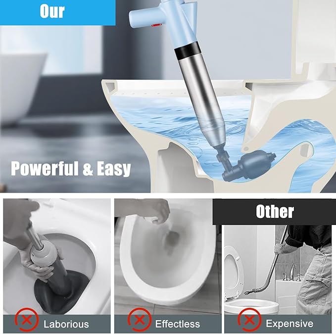 WOHPW Fast High Pressure Toilet Plunger with Real-Time Barometer | Heavy Duty Air Drain Blaster & Unclogger Tool for Bathroom, Toilets, Sinks, Tubs, Pipes | Clog Remover Kit & Toilet Snake Alternative