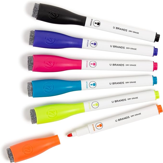 U Brands Fine Tip Dry Erase Markers with Eraser, Magnetic Whiteboard Markers, Low Odor, Assorted Bright Colors, Set of 12 (Pack of 2)