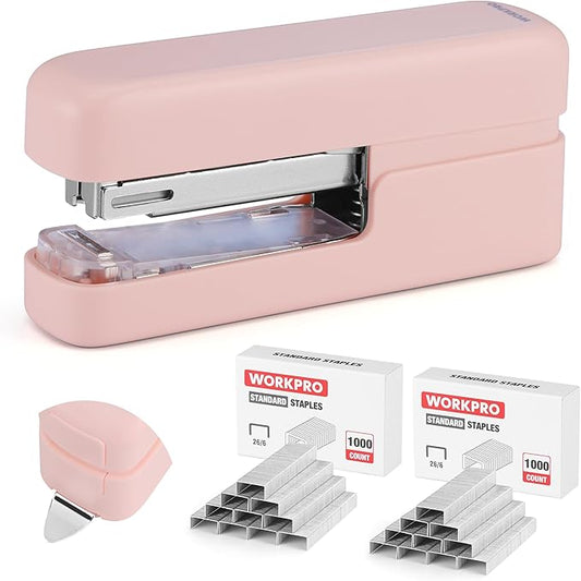 WORKPRO 2-in-1 Stapler with Staples, Pink Stapler with Staple Remover, 40 Sheet Capacity, Flat Clinch, Storage Space, Includes 2000 Standard Staples - Non-Slip Office Staplers for Desk, Pink Ribbon