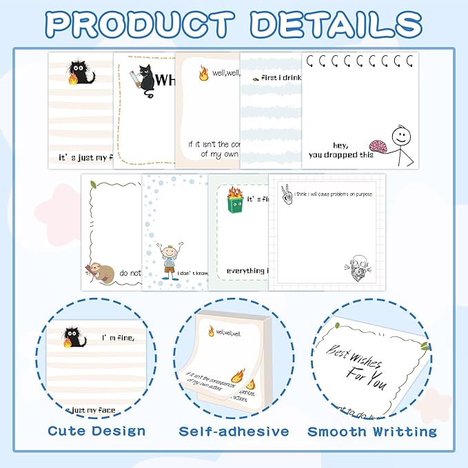 ZCPTZ 9 Pcs Funny Notepads 3" x 3" Self-adhesive Note Pads Fun Memo for Work Office School Home - 450 Sheets Reusable Cute Sticky Notes