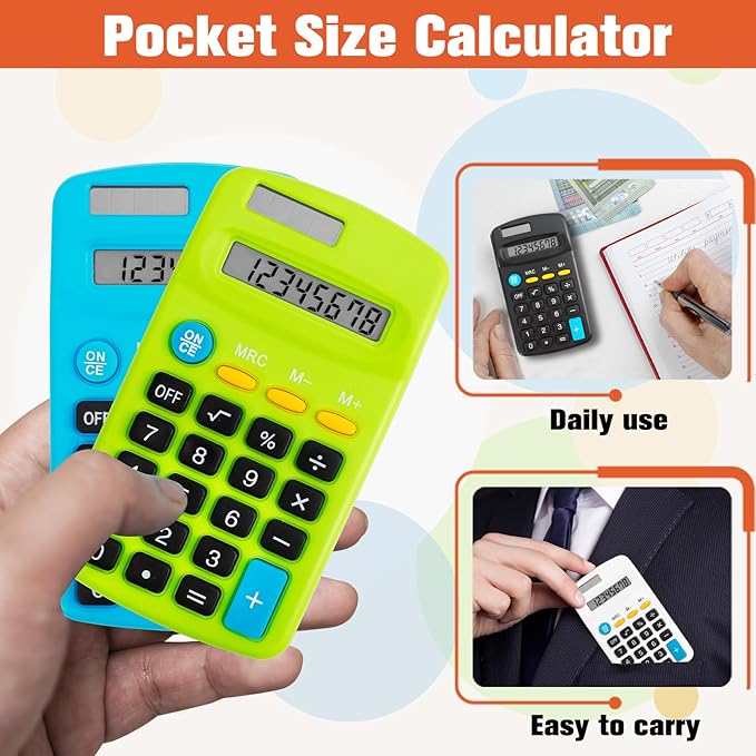 18 Pack Pocket Size Mini Calculator, Solar Battery Dual Power, 8 Digit Display Basic Calculator, Multicolor