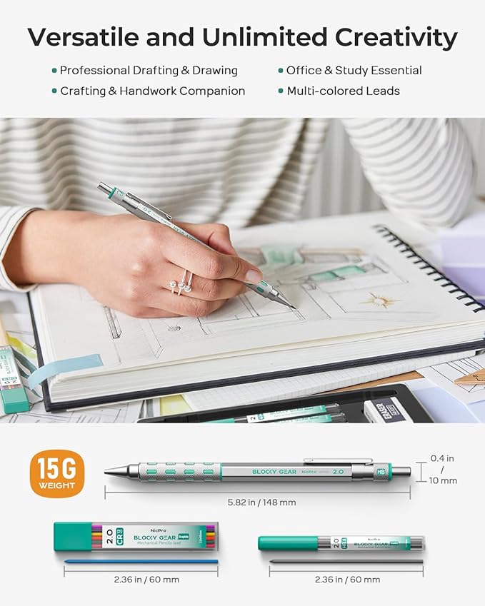 Nicpro 3 Pack Blocky Gear 2.0 mm Metal Mechanical Pencils Set with Case, Drafting Pencil with 13 Tubes 2mm Lead Refills (HB 2B 2H 4B 4H 6B & Colors), Erasers for Carpenter Writing Drawing